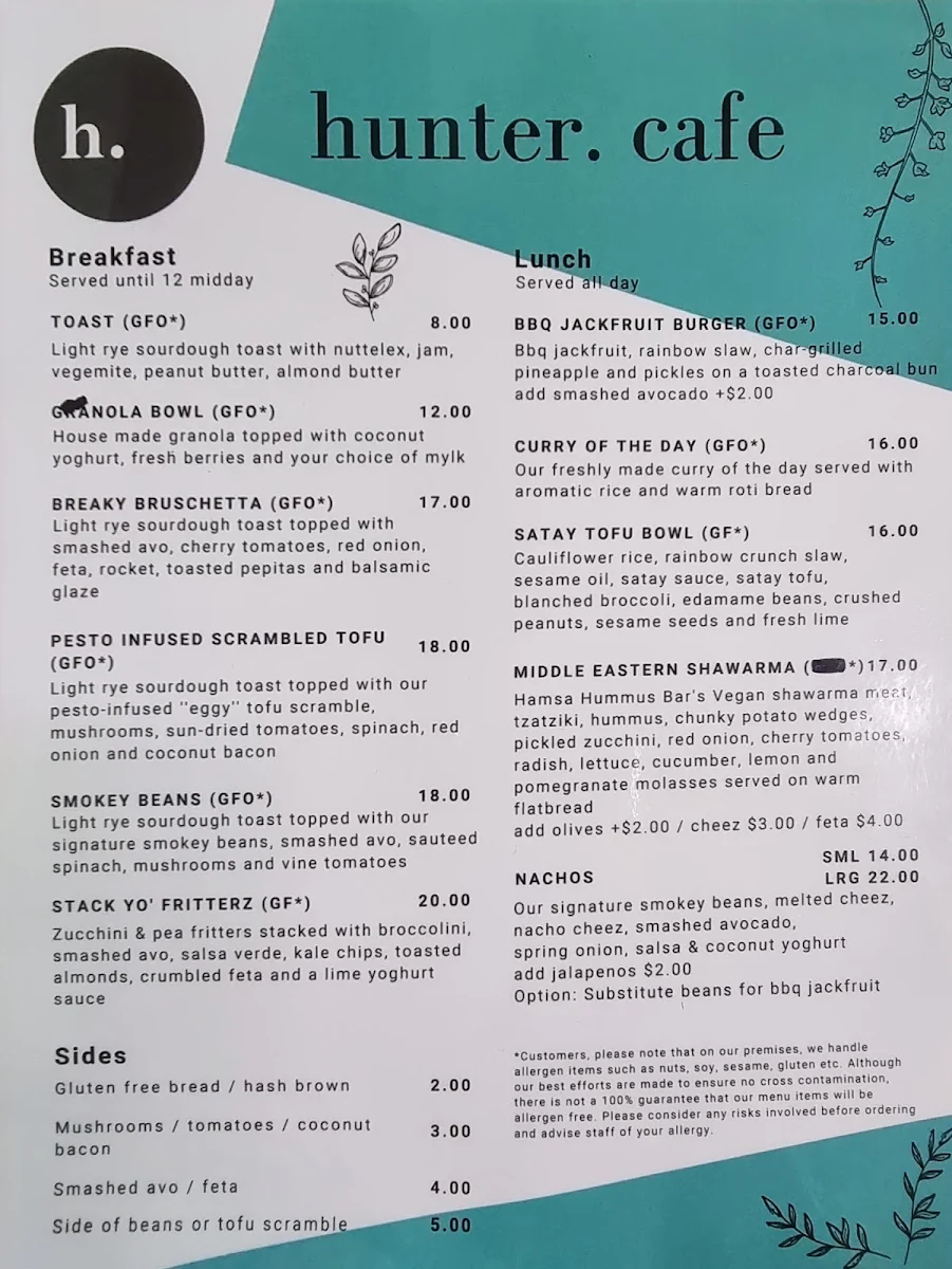 Menu, Hunter Cafe