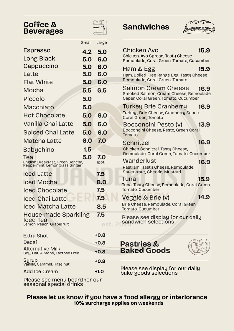 Menu, Wanderlust German Bakery