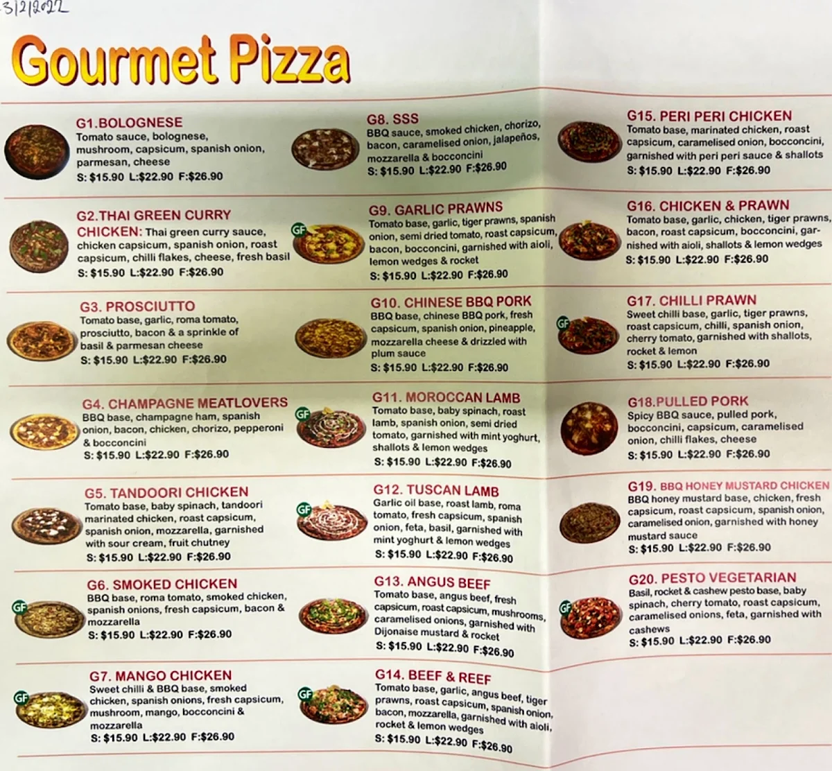 Menu, Paddy's Pizzaria