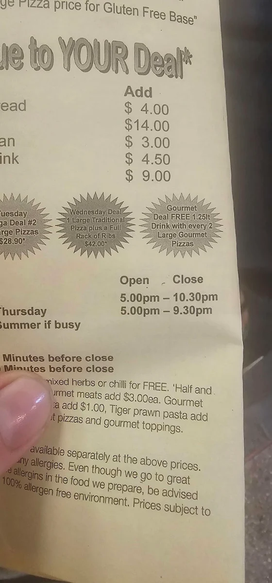 Menu, Paddy's Pizzaria