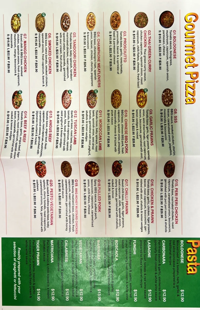 Menu, Paddy's Pizzaria