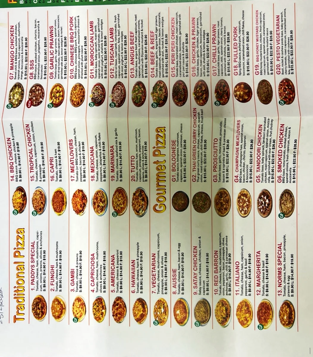 Menu, Paddy's Pizzaria