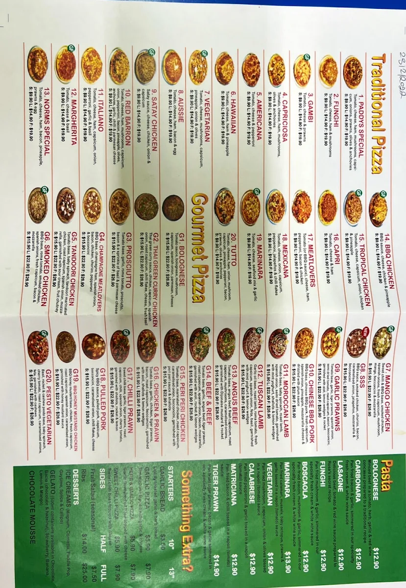 Menu, Paddy's Pizzaria