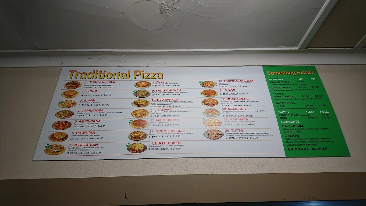 Menu, Paddy's Pizzaria