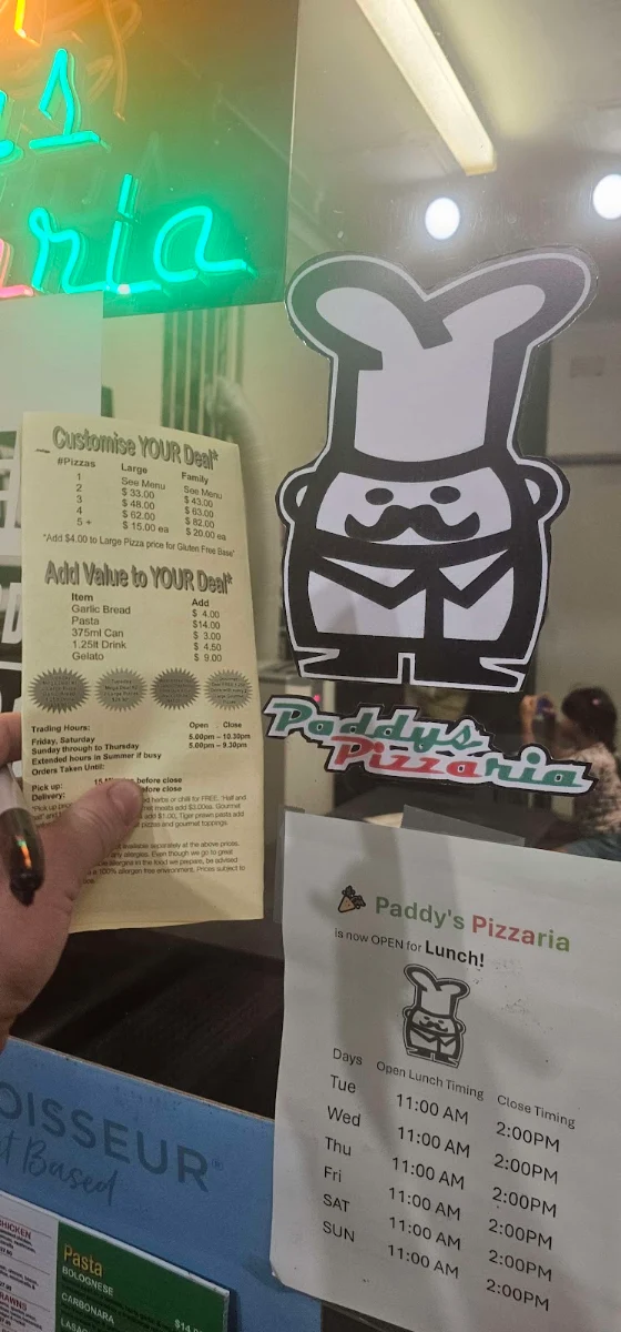 Menu, Paddy's Pizzaria