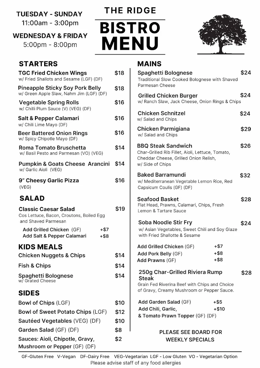 Menu, Ridges Bar & Bistro