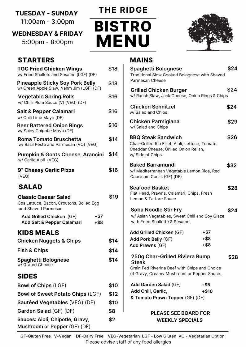 Menu, Ridges Bar & Bistro
