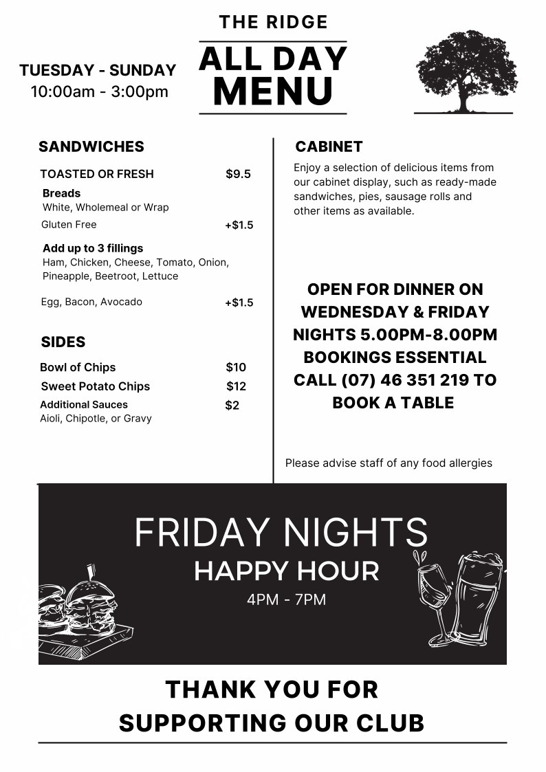 Menu, Ridges Bar & Bistro