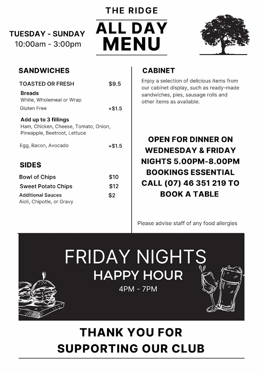 Menu, Ridges Bar & Bistro