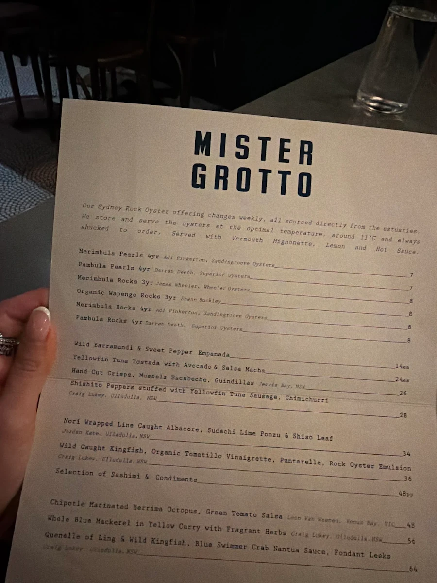 Menu, Mister Grotto Newtown