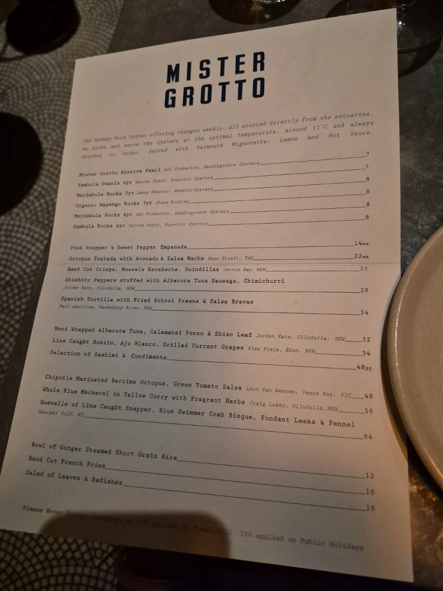 Menu, Mister Grotto Newtown
