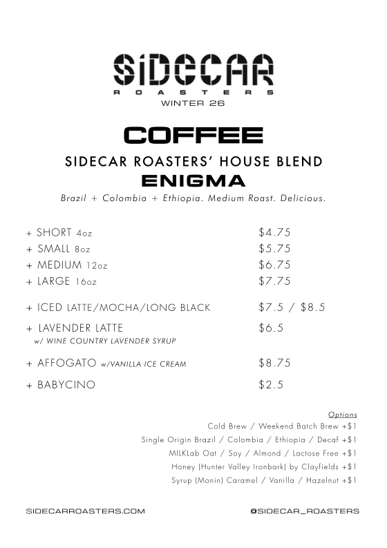 Menu, Sidecar Roasters