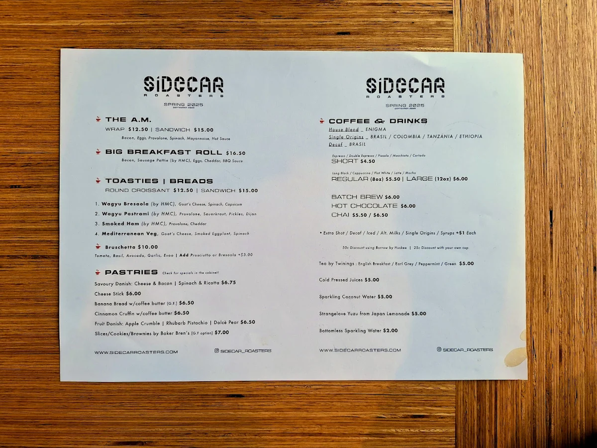 Menu, Sidecar Roasters