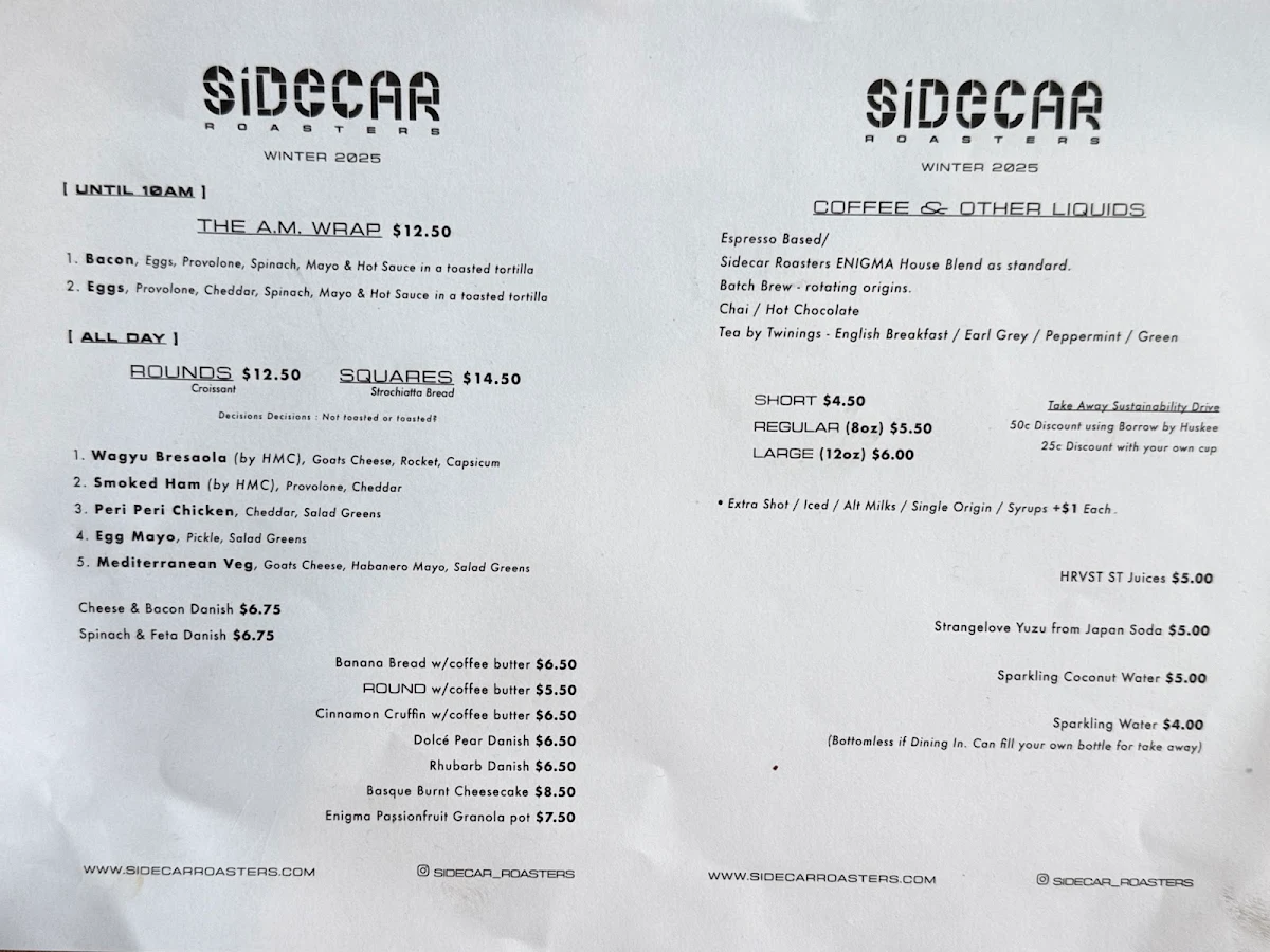 Menu, Sidecar Roasters