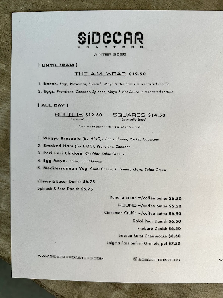 Menu, Sidecar Roasters