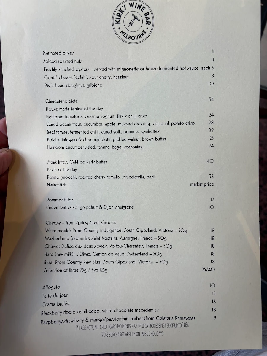 Menu, Kirk's Wine Bar