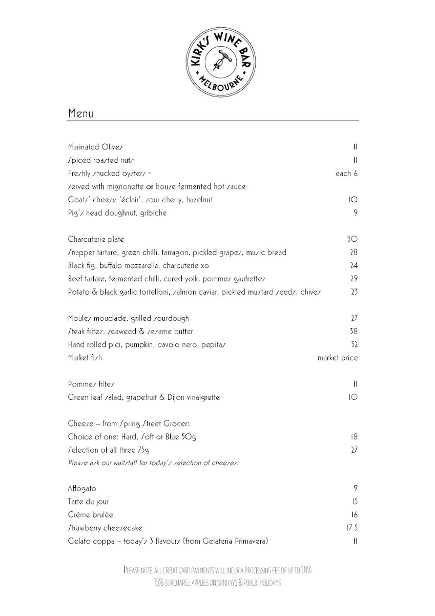 Menu, Kirk's Wine Bar