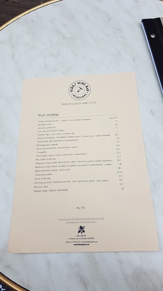 Menu, Kirk's Wine Bar