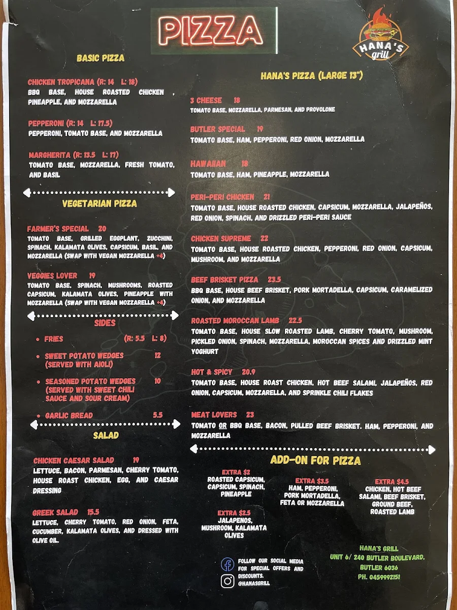 Menu, Hana's Grill