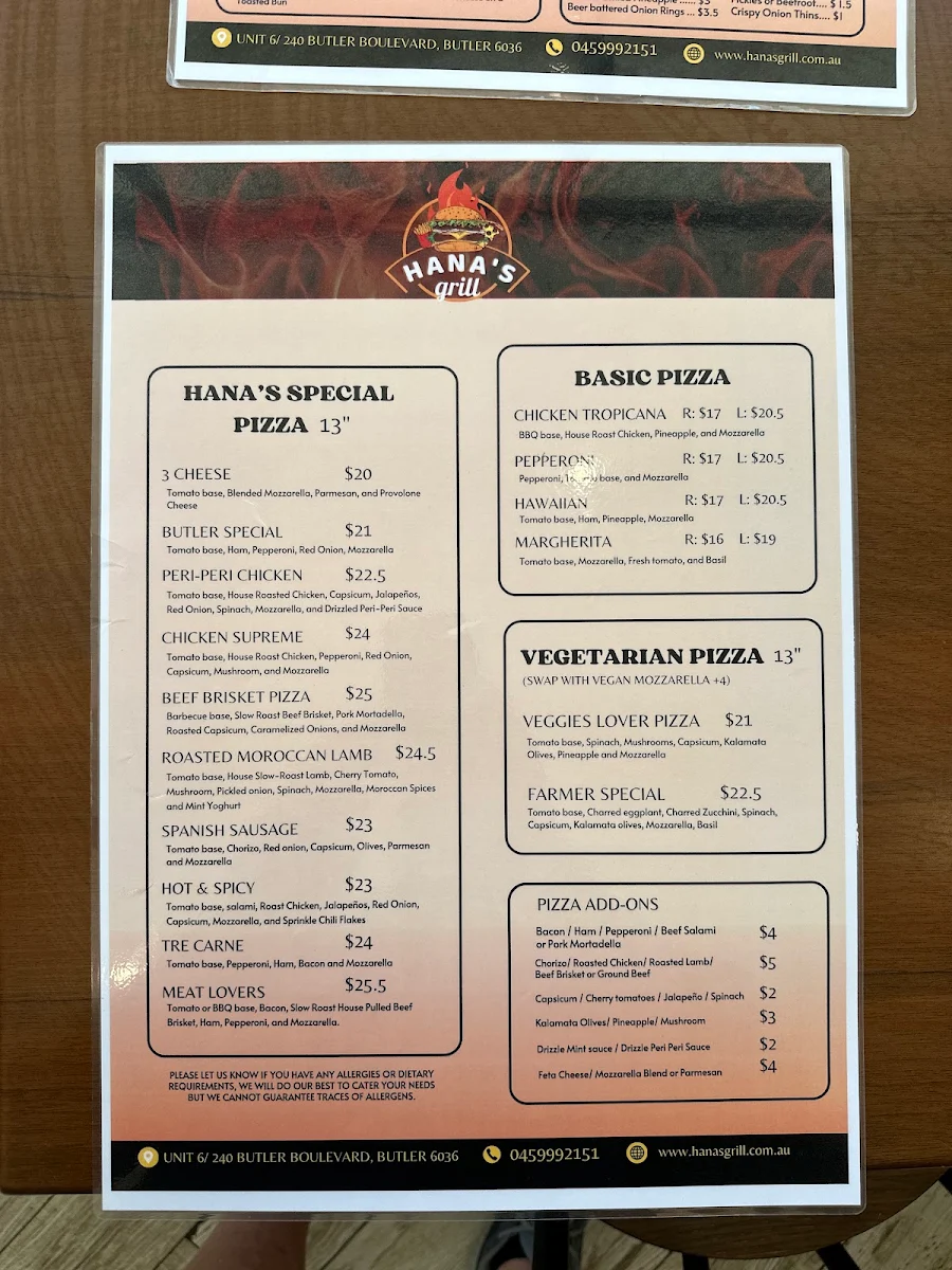 Menu, Hana's Grill
