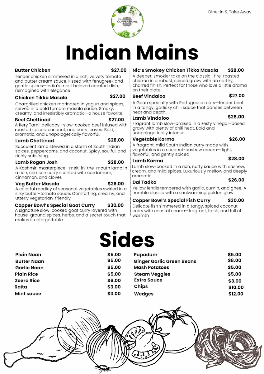 Menu, Raj's Copper Bowl