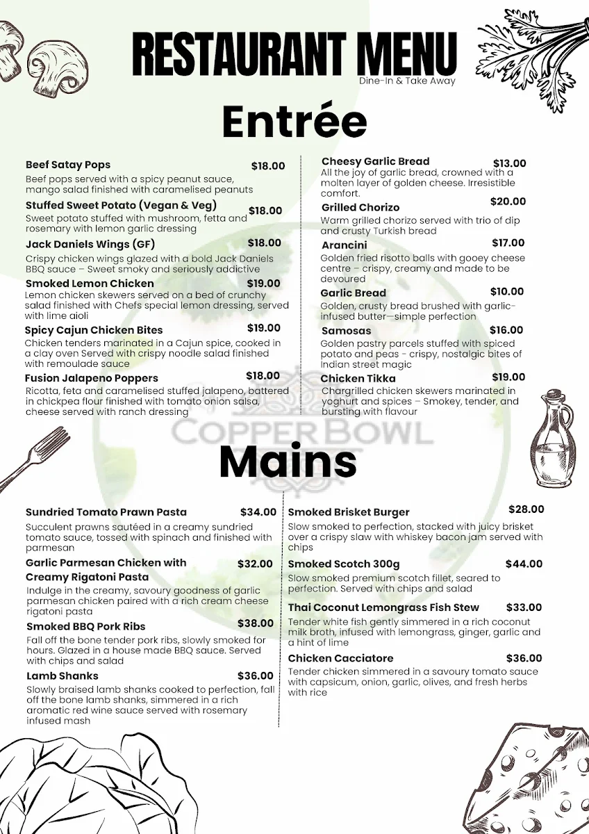 Menu, Raj's Copper Bowl