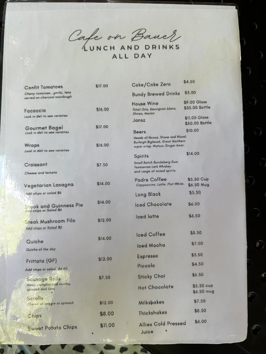 Menu, Cob - Cafe on Bauer