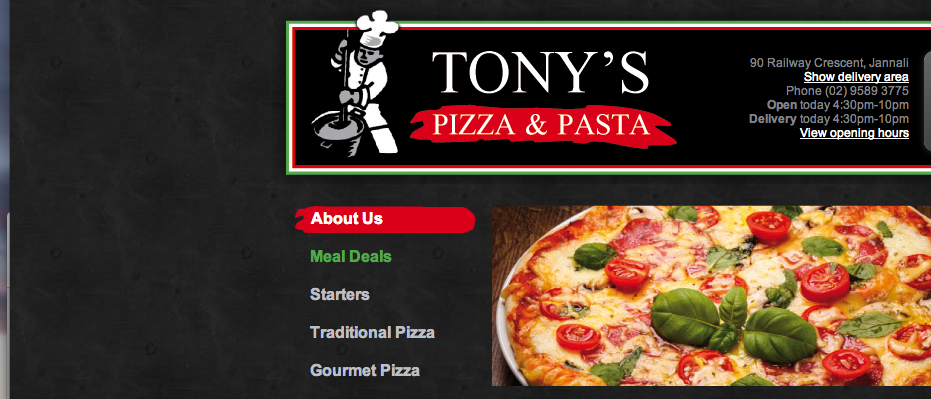 Menu, Tony's Pizza & Pasta