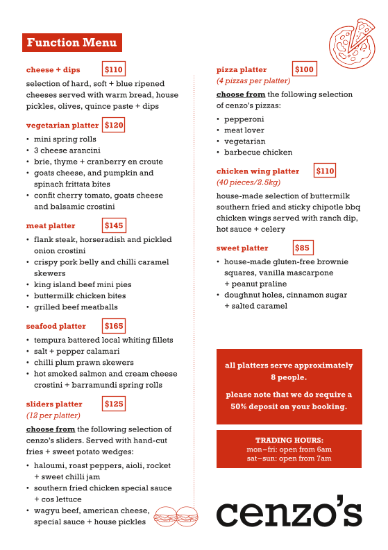 Menu, Cenzo's Cafe + Bar