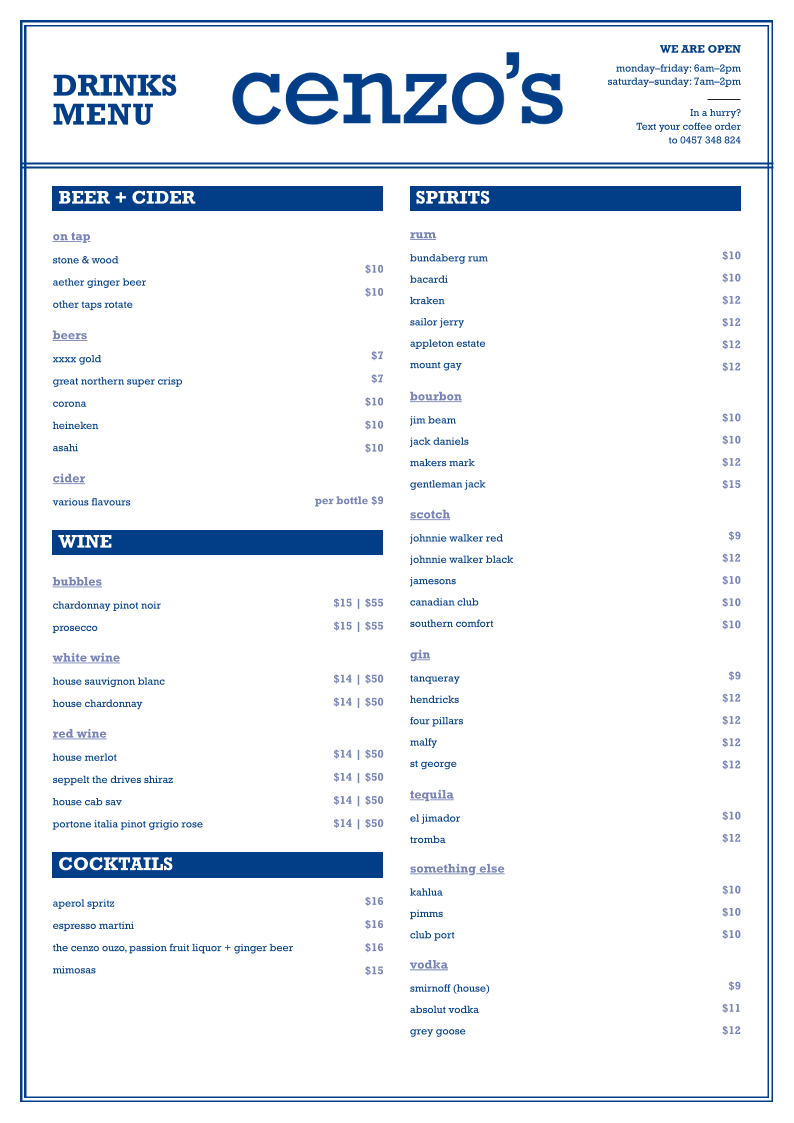 Menu, Cenzo's Cafe + Bar