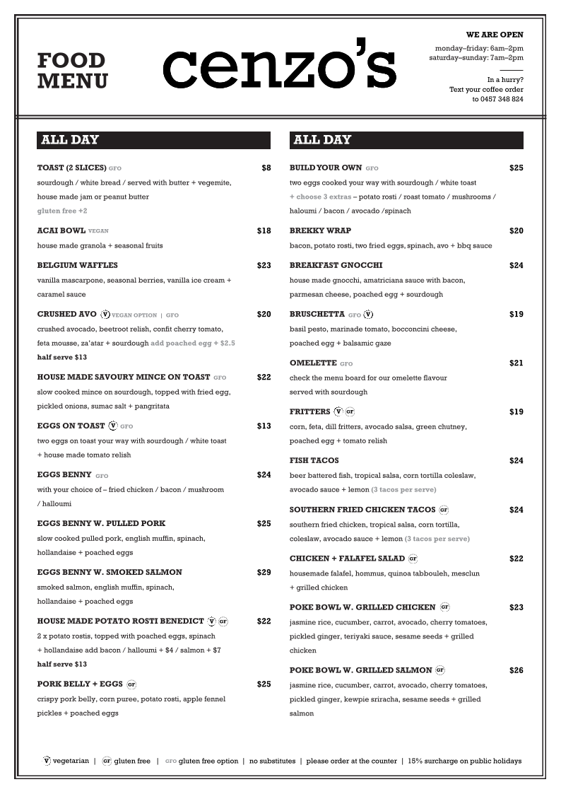 Menu, Cenzo's Cafe + Bar