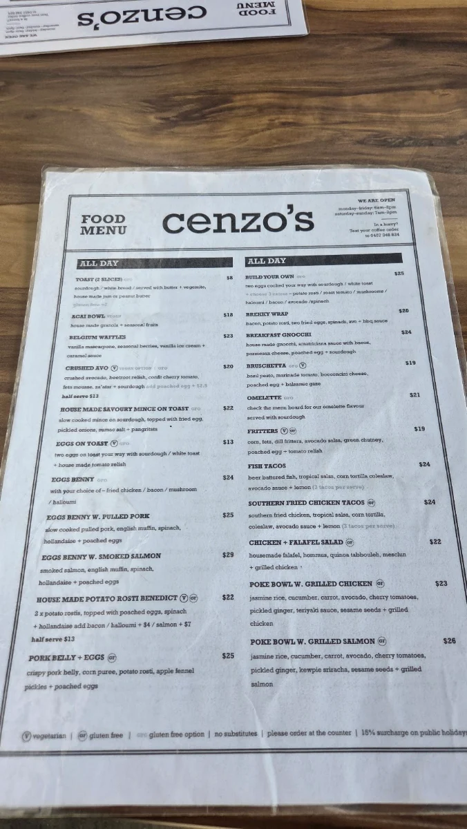 Menu, Cenzo's Cafe + Bar