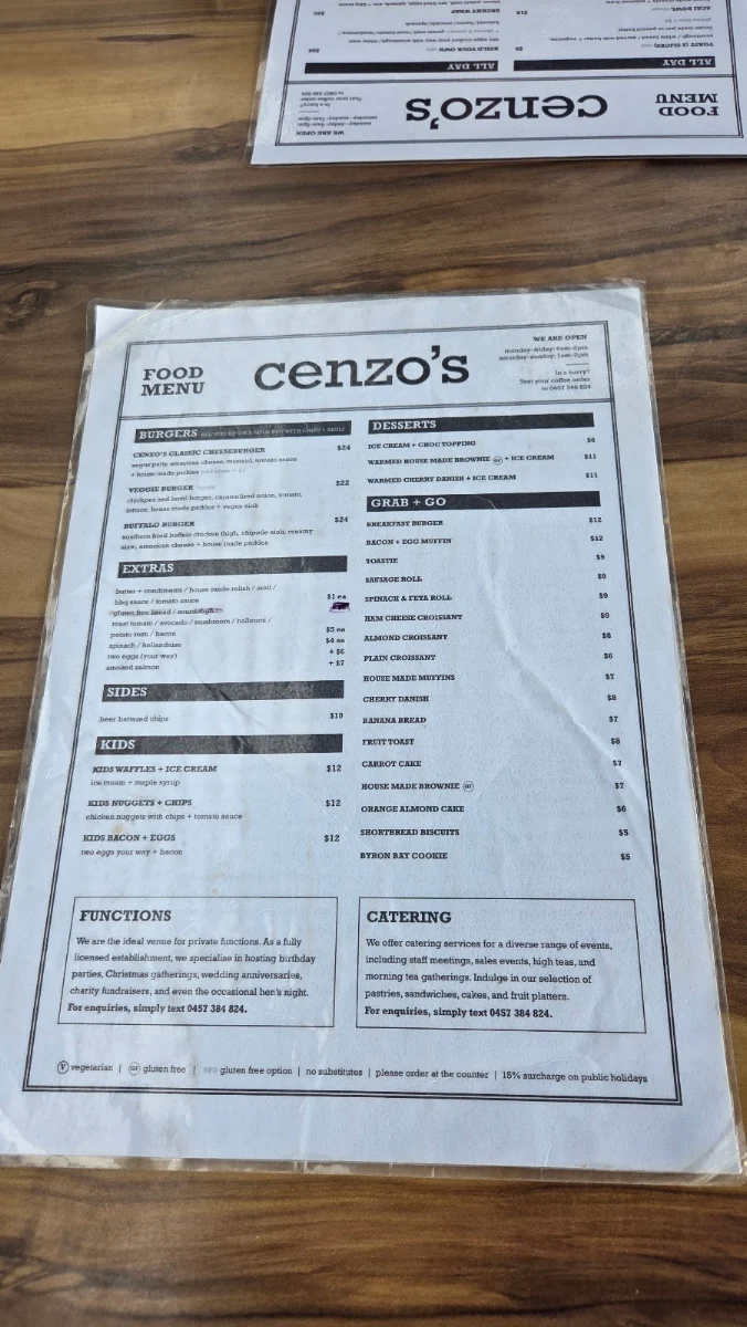 Menu, Cenzo's Cafe + Bar