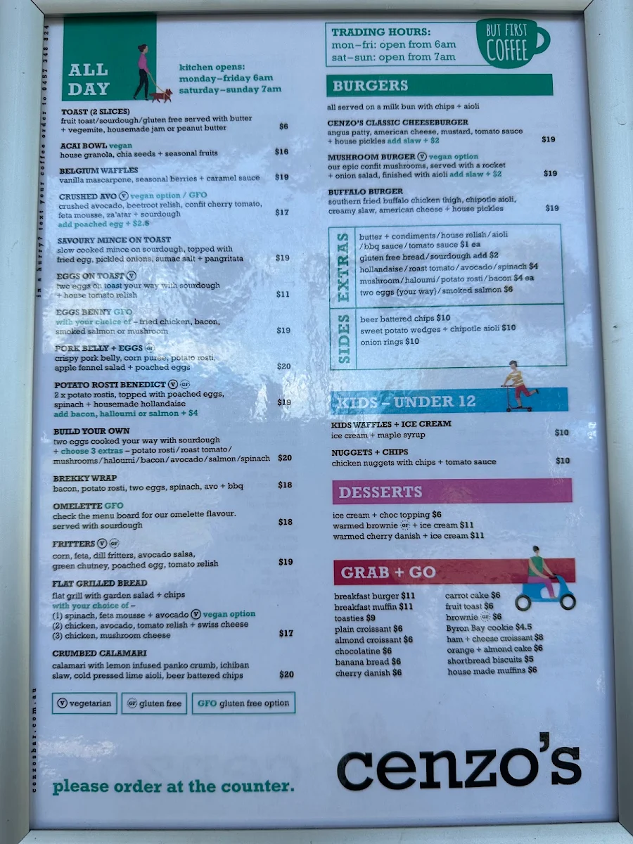 Menu, Cenzo's Cafe + Bar