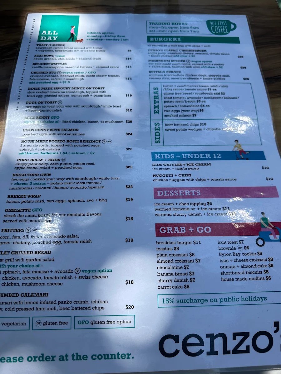 Menu, Cenzo's Cafe + Bar