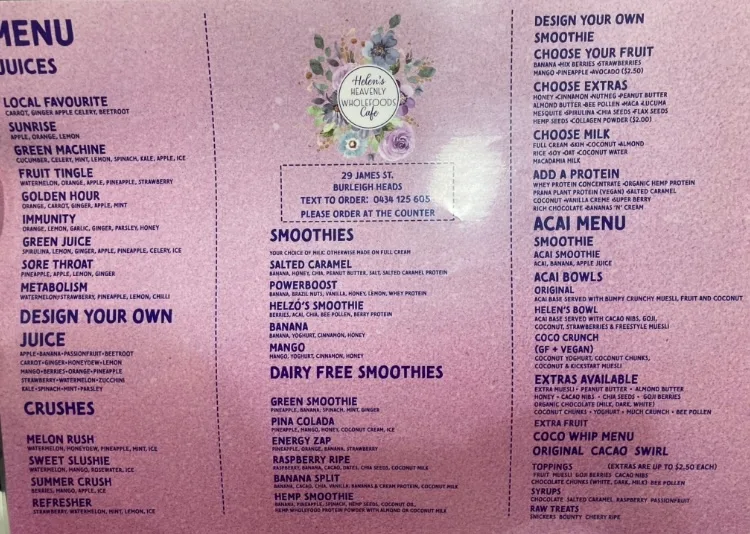 Menu, Helen's Heavenly Wholefoods Cafe
