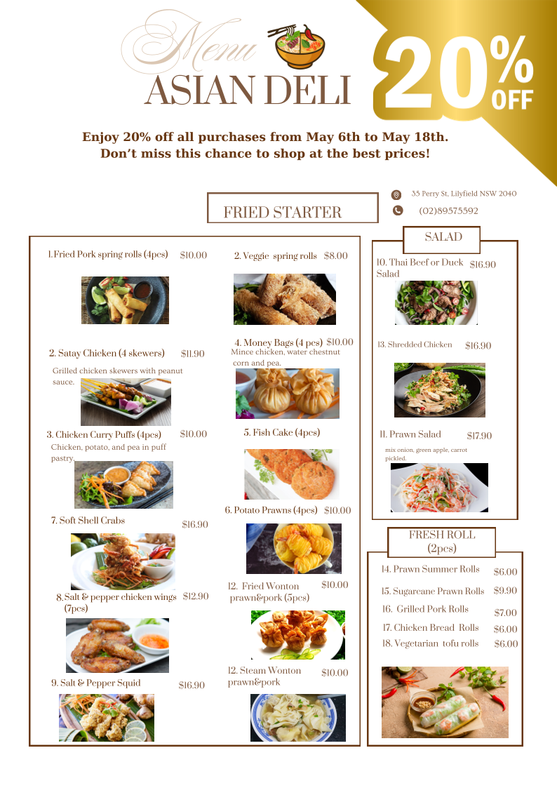 Menu, Asian Deli Vietnamese Thai & Coffee Restaurant