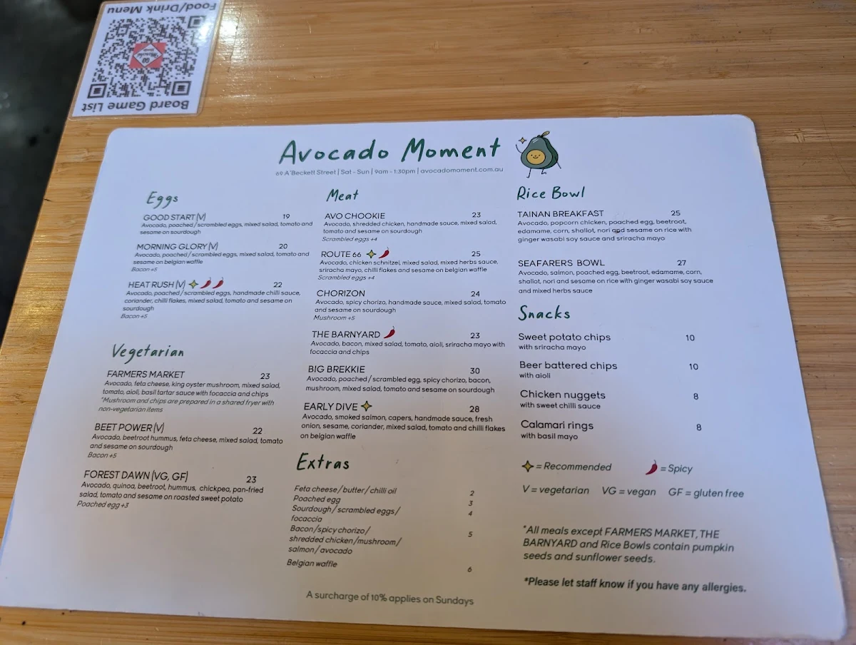 Menu, Avocado Moment Cafe