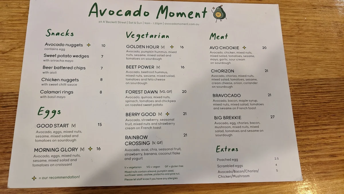 Menu, Avocado Moment Cafe