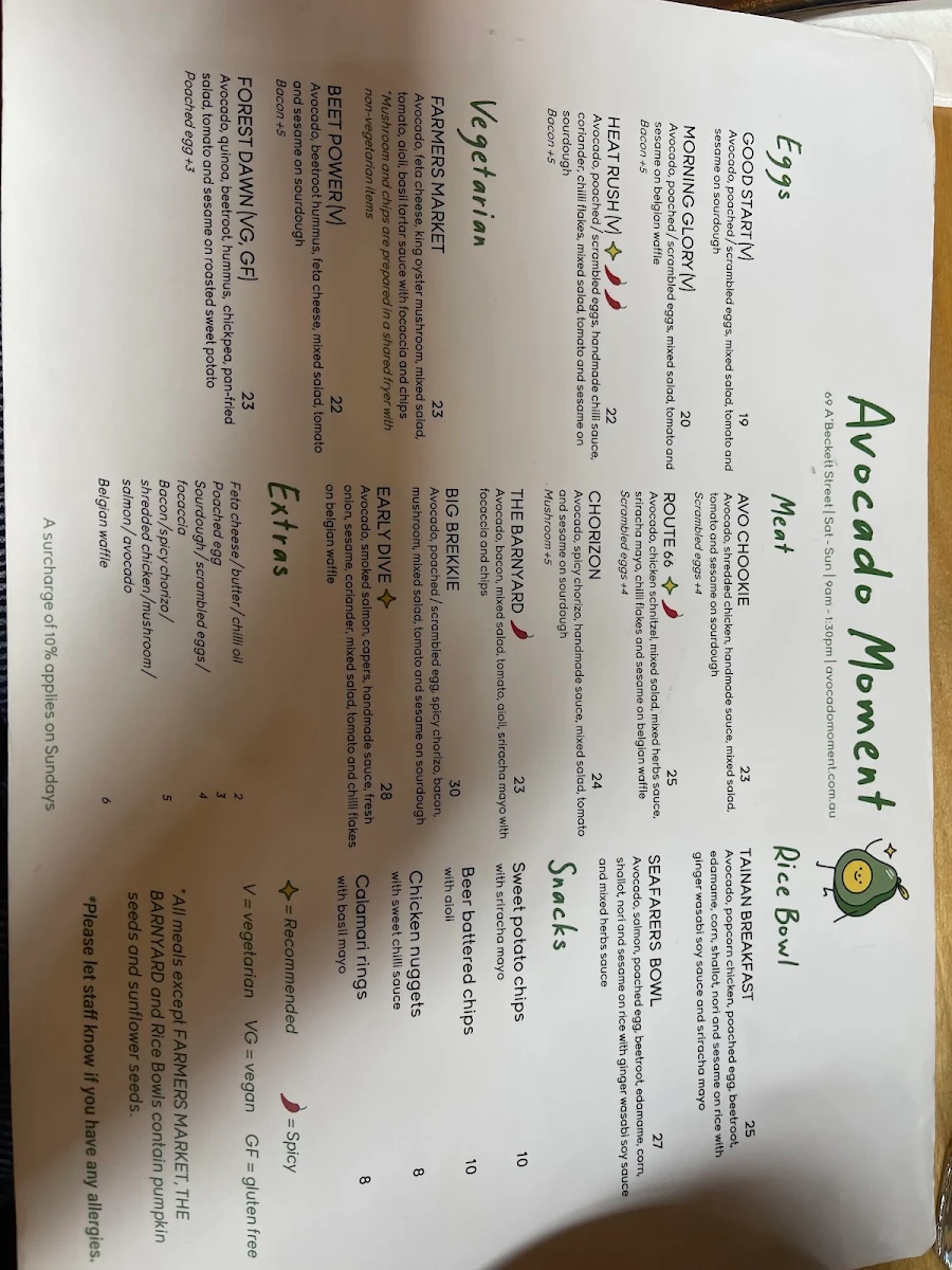Menu, Avocado Moment Cafe