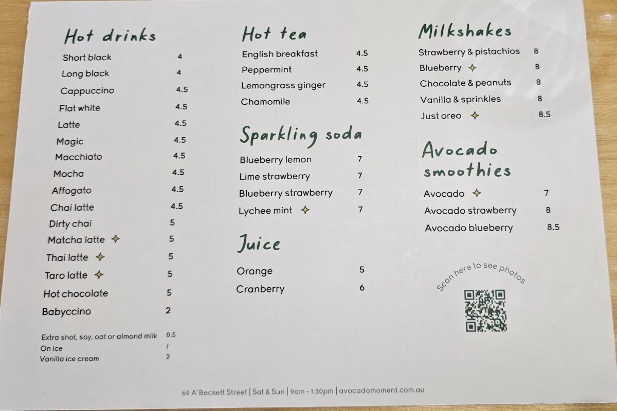 Menu, Avocado Moment Cafe