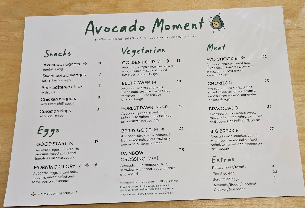 Menu, Avocado Moment Cafe