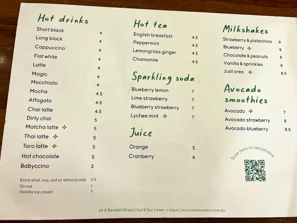 Menu, Avocado Moment Cafe
