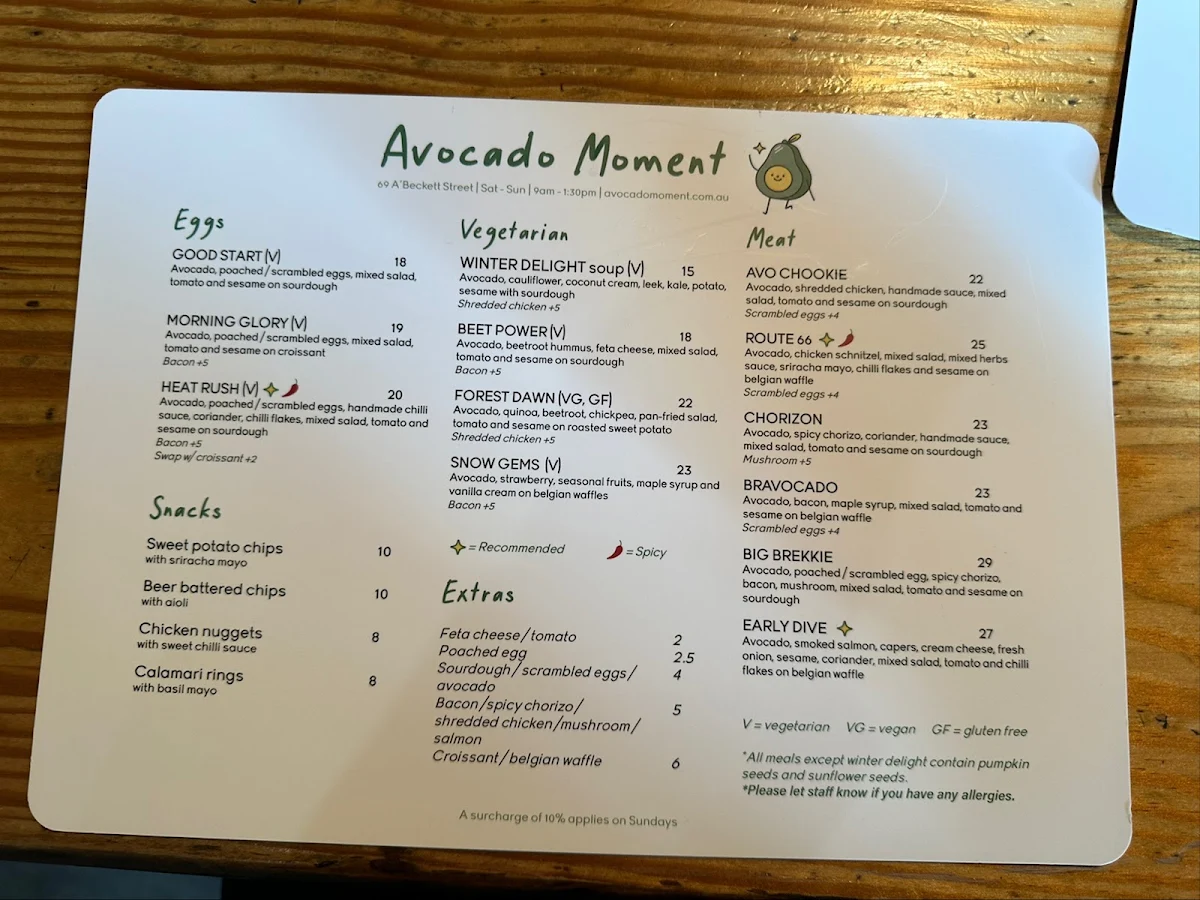 Menu, Avocado Moment Cafe