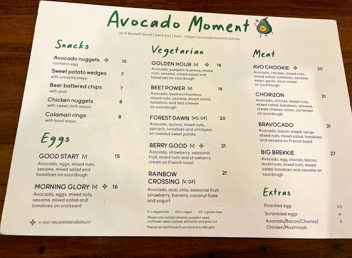 Menu, Avocado Moment Cafe