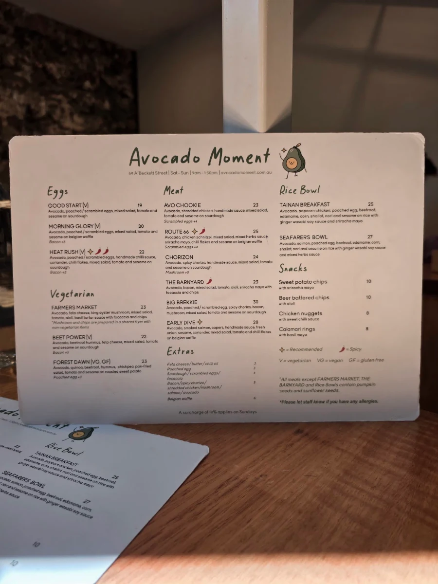 Menu, Avocado Moment Cafe