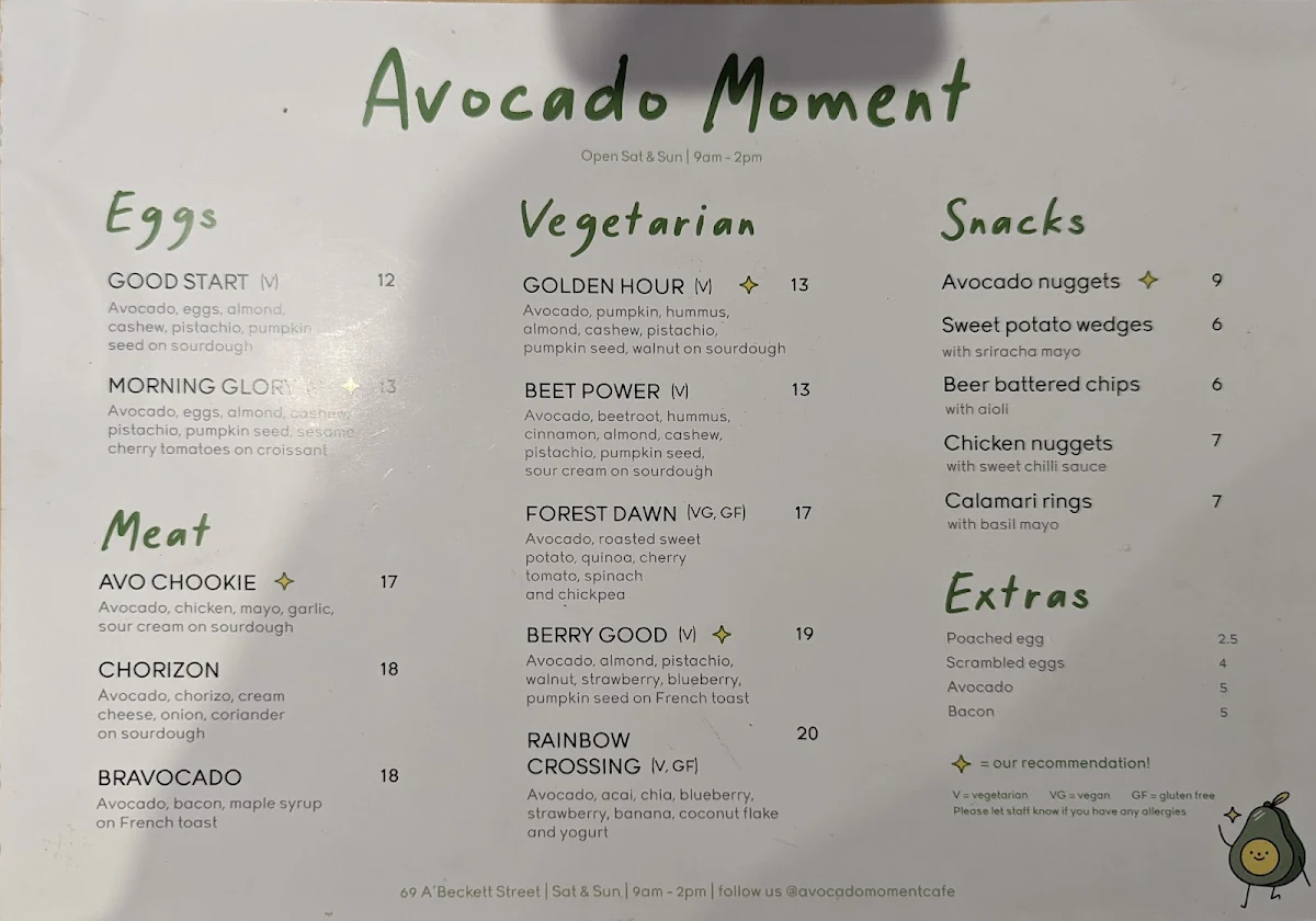 Menu, Avocado Moment Cafe