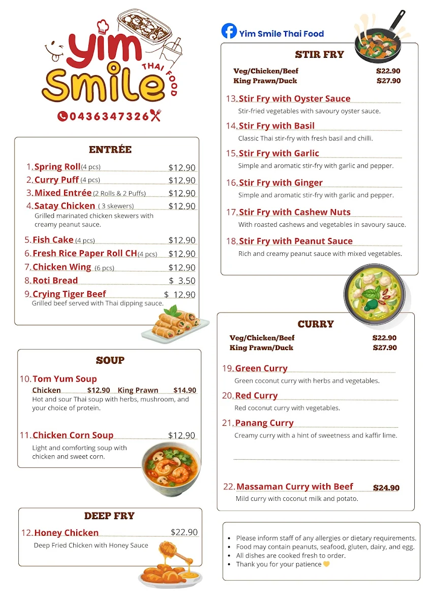 Menu, Yim Smile Thai Food