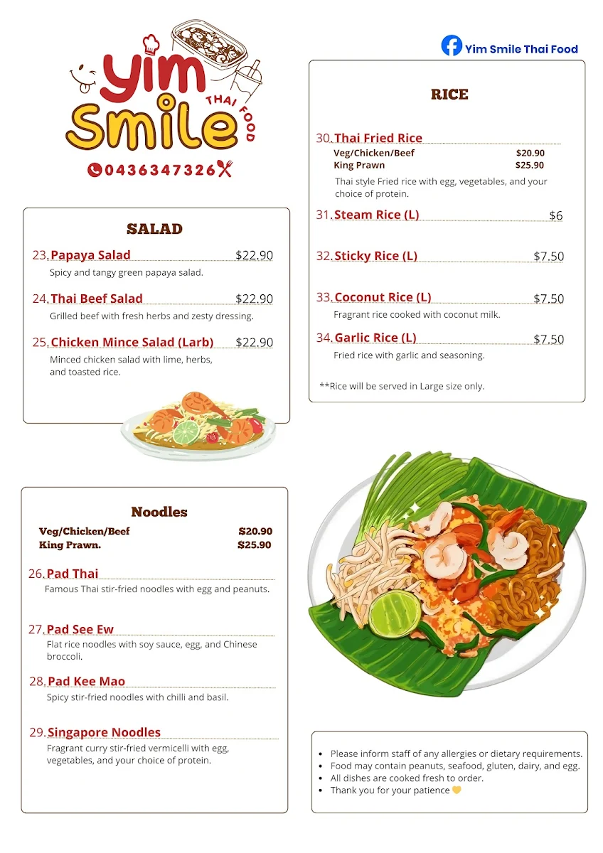 Menu, Yim Smile Thai Food