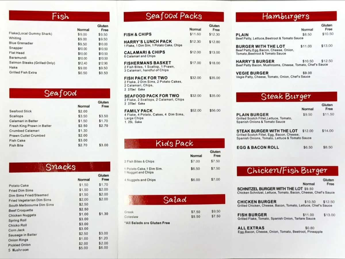 Menu, Harry's Fish & Chips In Blackburn South